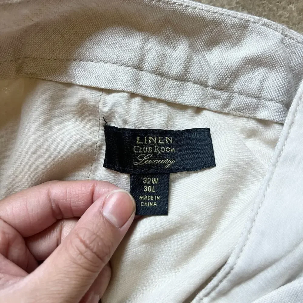 Club Room Luxury Mens Linen Pants 32W 30L Beige Beachy Coastal Minimalist Summer